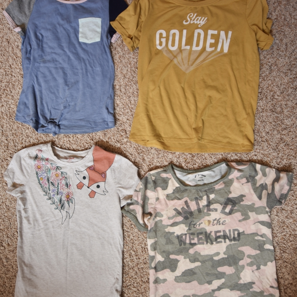 21 girls M/L shirts & 2 pairs of overalls